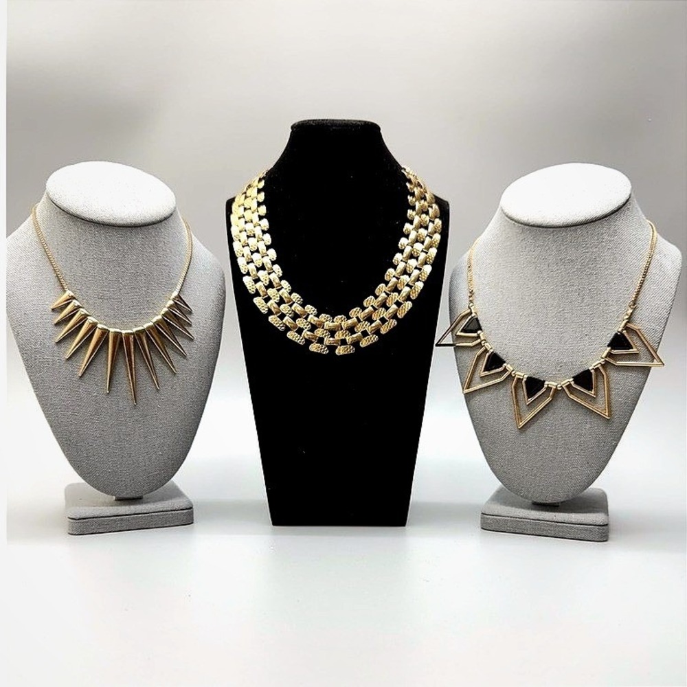 Gold Tone Statement Necklace Lot of 3 Adjustable Chic‎ Egyptian Revival Spikes